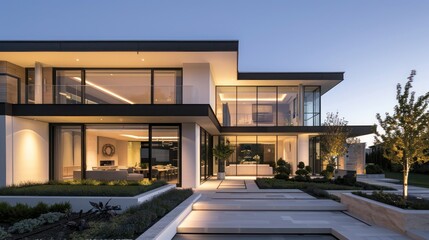 Fototapeta premium Luxurious suburban home with clean lines and a focus on transparency, featuring floor-to-ceiling windows and minimalist landscaping Ensure room for text