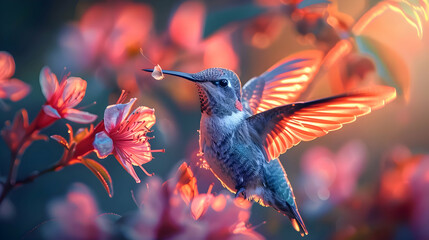Fototapeta premium Hummingbird in Flight Illustration with Vibrant Flowers