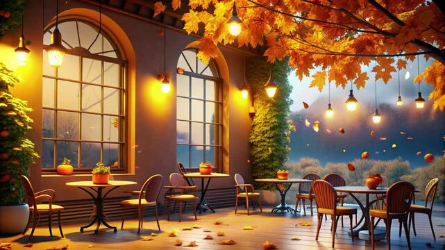 cozy cafe autumn atmosphere falling autumn leaves retro lamps loft video