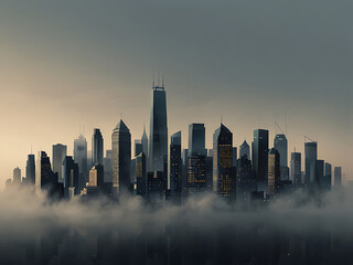 Fototapeta premium anime cartoon modern city skyline in fog metropolis cityscape background room for copy