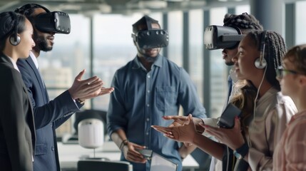 diverse group of employees using VR headsets for a virtual meeting, with a facilitator guiding them in a high-tech office
