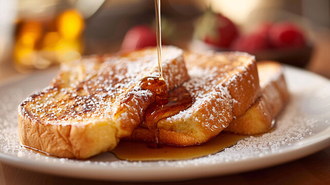 Freshly made French toast with powdered sugar and maple syrup