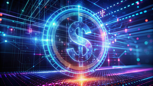 Colorful, glowing 3D hologram of a rotating currency symbol on a dark background, surrounded by subtle light trails and futuristic grid lines, evoking futuristic finance.