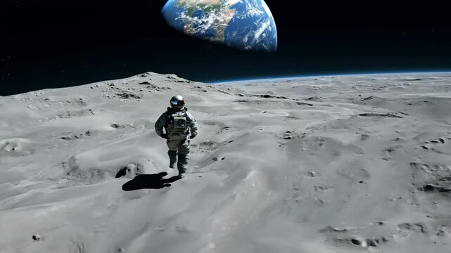 Astronaut Walking on the Moon: Earth Visible in Space - Lunar Exploration, Space Mission