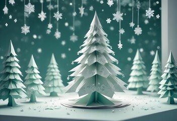 Obraz premium papercut origami, White Christmas tree filled with intricate silver and white ornaments, illuminated by soft, blurred pastel lights. The scene captures winter wonderland aesthetic with snowflakes