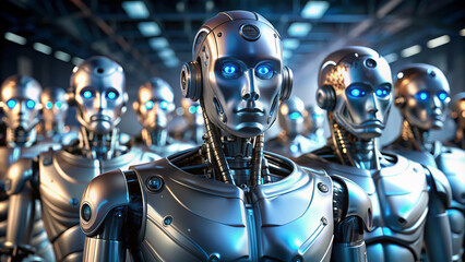 Metallic robot companions with glowing blue eyes and sleek silver bodies stroll in unison, showcasing synchronized mechanical movement and advanced artificial intelligence collaboration.