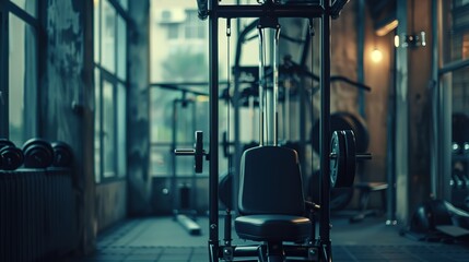 Fototapeta premium Evening Glow at the Gym: Empty Exercise Lat Pulldown Machine Signifying Fitness Commitment after a Workout