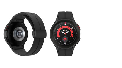 Closeup of black smartwatch wristband with red accents isolated on white background.
