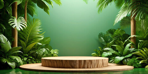Podium stage green plants, display for products with jungle pro background 