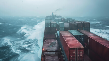 A large container ship sails through a stormy sea.