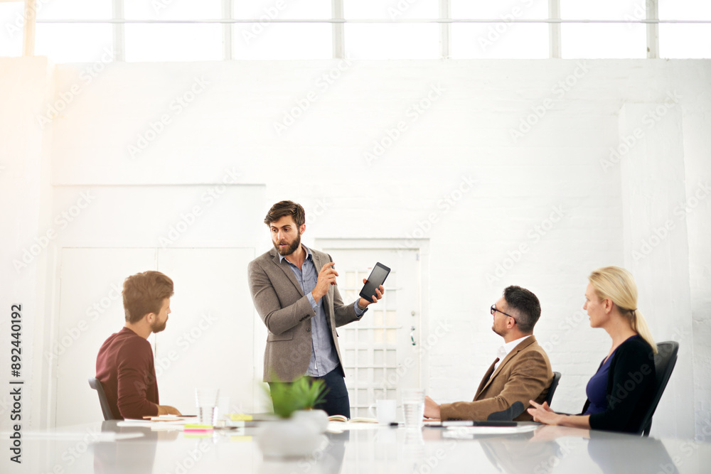 Poster businessman, coach and talking with tablet for team meeting, presentation or collaboration at office