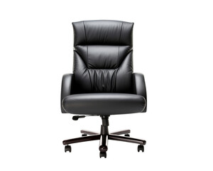 Naklejka premium Ergonomic black leather office chair with high backrest and armrests, perfect for comfortable seating in a modern workspace.