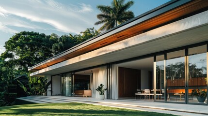 Luxurious suburban home with minimalist architecture, featuring a flat roof and large sliding doors, in a lush green setting