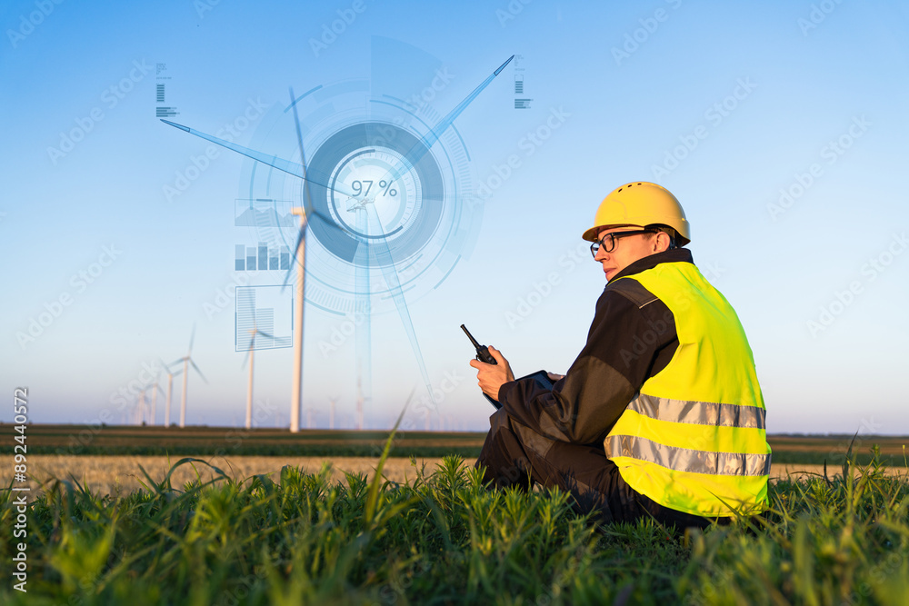 Aufkleber Engineer with digital tablet controls wind turbines