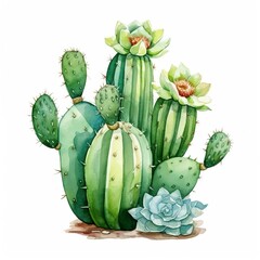 Fototapeta premium A painting of a cactus with a flower on top and a small succulent plant