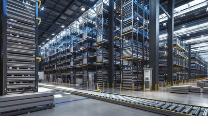 Fototapeta premium Automated warehouse with stacker cranes and conveyor belts