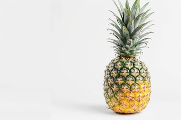 A fresh pineapple sits on a clean white surface