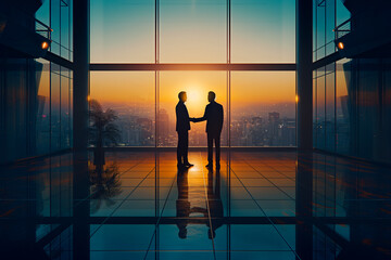 Silhouetted Business Partners. Two Professionals in a Glass-Walled Office.