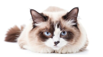 A Ragdoll cat with ears perked up, listening intently, isolated on a white background.