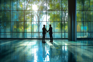 Fototapeta premium Silhouetted Business Partners. Two Professionals in a Glass-Walled Office.