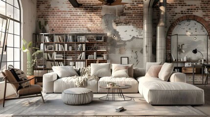 Living room interior in loft, industrial style, 3d render