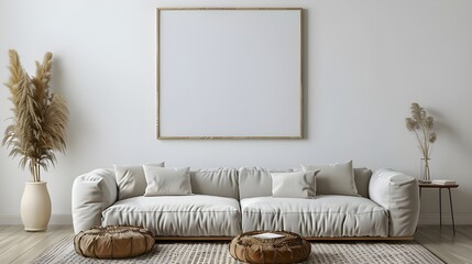 Modern cozy mock up and decoration furniture of living room and empty canvas frame on the white wall texture background, 3D rendering