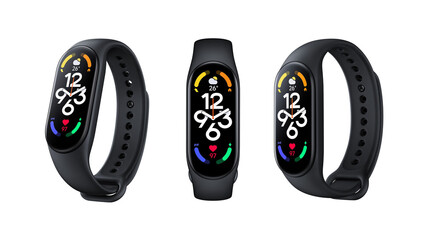 Closeup of slim smartwatches with colorful panels, isolated on white background.