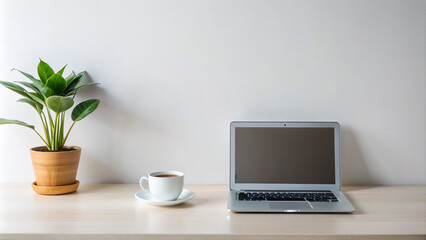 cropped image of a simple workspace with a laptop, a planter, and a coffee cup on a white table. Generative AI