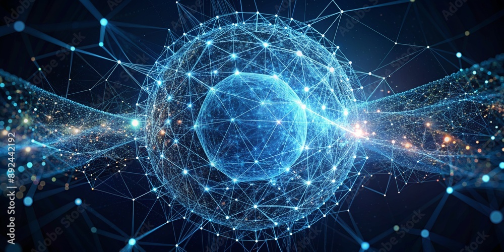 Poster connected sphere of light: a luminous, glowing orb encased in a intricate network of lines and nodes
