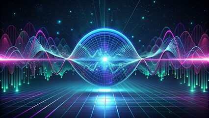 Fototapeta premium Global Network Pulse: A futuristic abstract illustration depicting a glowing orb with a world map, enveloped in pulsating waves of digital energy, symbolizing global interconnectedness, data flow, and