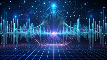 Cosmic Symphony of Data: A mesmerizing fusion of sound waves and digital grids, pulsating with vibrant energy against a backdrop of a star-studded cosmos.  