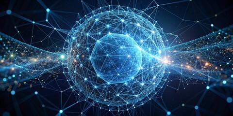 Connected Sphere of Light: A luminous, glowing orb encased in a intricate network of lines and nodes, symbolizing interconnectedness, data flow, and the boundless possibilities of technology.  