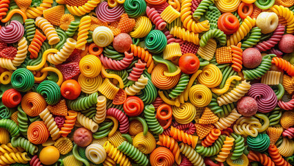 Vibrant noodle ramen pattern background featuring colorful twisted pasta food texture, geometric shapes, and abstract ornate designs evoking a playful culinary atmosphere.