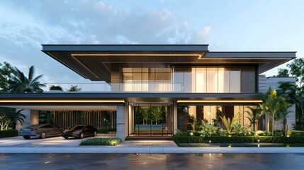 Fototapeta premium Luxurious suburban home with a minimalist design, featuring a flat roof and a large, welcoming entryway