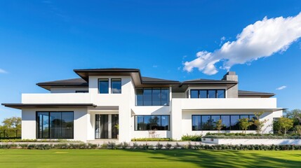 Luxurious suburban home with a minimalist design, featuring clean lines and a large front yard under a clear blue sky
