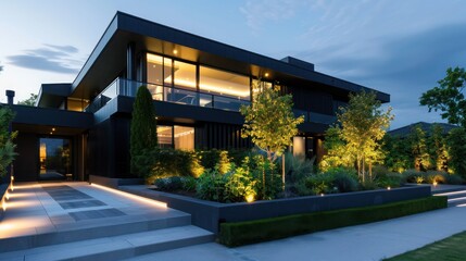 Fototapeta premium Luxurious suburban home with a sleek black facade, minimalist garden, and integrated outdoor LED lighting