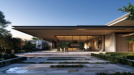 Obraz premium Luxurious suburban home with a minimalist design, featuring a flat roof and a large, welcoming entryway