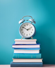 Stack of School Books with Alarm Clock on Top, Colorful 