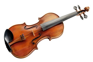 Obraz premium A close-up shot of a violin with a bow lying beside it on a plain white surface