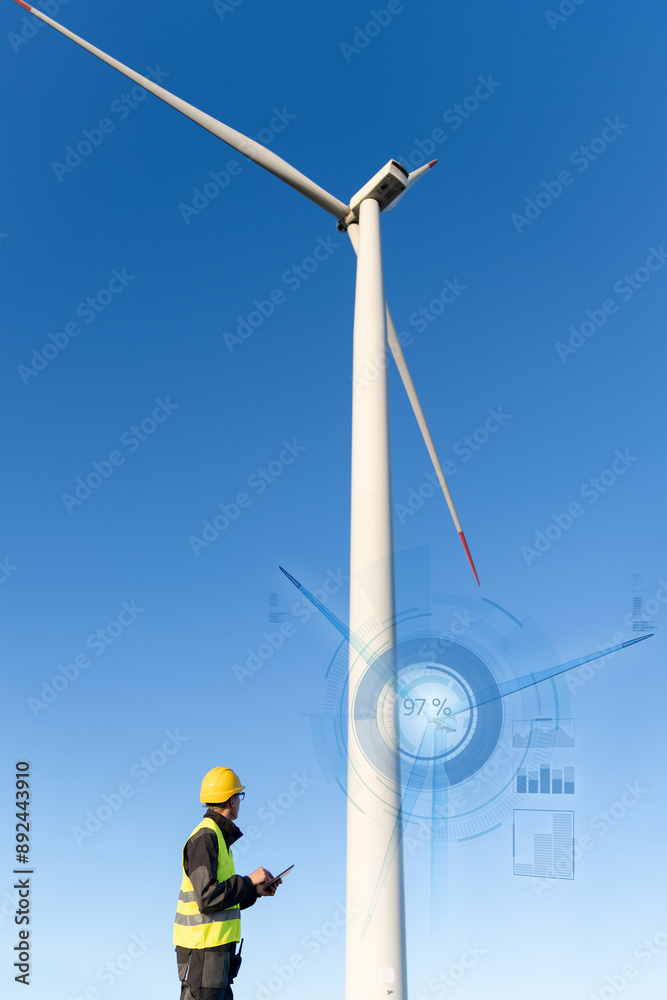 Aufkleber engineer with digital tablet controls wind turbines