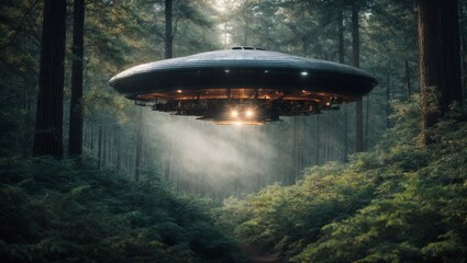 Fototapeta premium UFO Hovering Over Forest: A mysterious and eerie image of a classic flying saucer hovering silently over a dense forest, casting a long shadow and shrouded in mist. The scene evokes a sense of wonder,