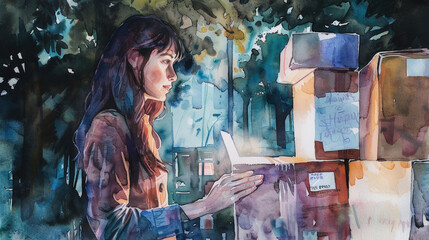 Fototapeta premium A woman with long dark hair stands in front of a stack of boxes in a forested area, holding one box open with her hand