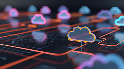 digital illustration of cloud computing technology with glowing data streams and icons representing interconnected clouds  fast cabinet work in network security