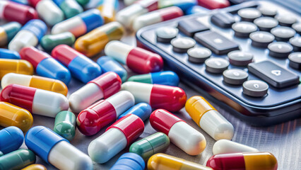 A close-up composition features assorted pills, tablets, and a calculator, highlighting the financial aspect of healthcare and the complexity of medication management.