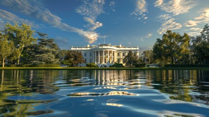 Obraz premium Stunning view of a majestic white building during a sunny day with a serene pond in the foreground. Captivating and reflective landscape. Stock photo for inspirational and educational content. AI