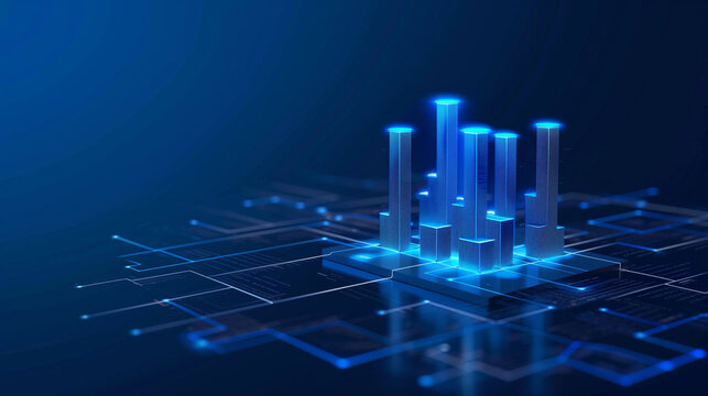 Abstract blue glowing bar graph and buildings on dark background