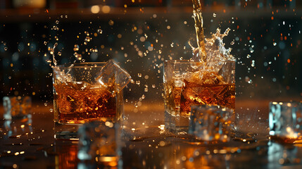 Two glasses of liquor with ice cubes in them, one of which is almost empty. The other is almost full. The liquid is splashing out of the glasses, creating a messy and chaotic scene