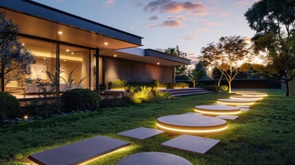 Luxurious suburban residence with a sleek, flat-roofed design and a pathway lined with LED-lit stepping stones