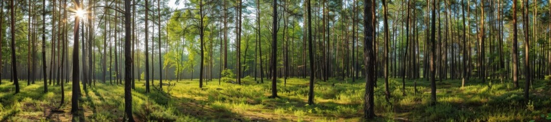 A forest with trees and sunlight.