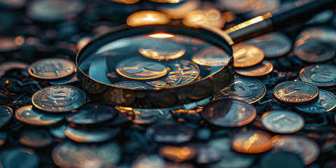 The Investor's Eye: A magnifying glass hovers over a small pile of shining coins, casting a dramatic shadow.